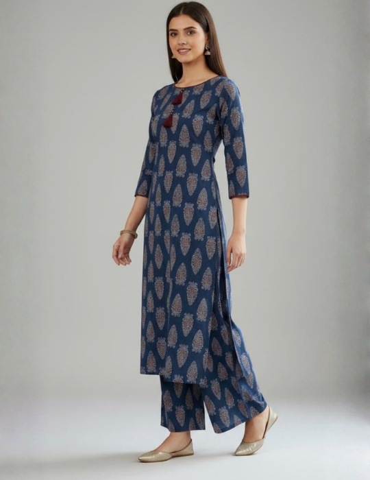 Navy Blue Ajarak Cotton Kurti Set