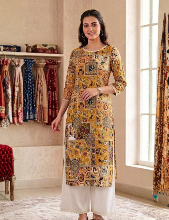 Mustard Yellow Rayon Foil Print Straight Kurti Set with Lace Detail