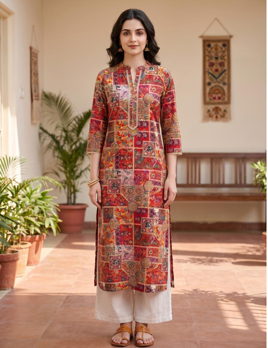 Mustard Yellow Rayon Foil Print Straight Kurti Set with Lace Detail