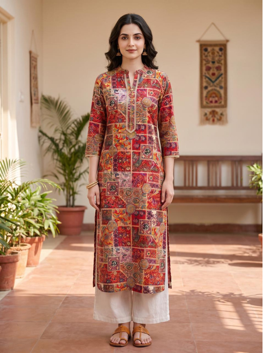 Mustard Yellow Rayon Foil Print Straight Kurti Set with Lace Detail
