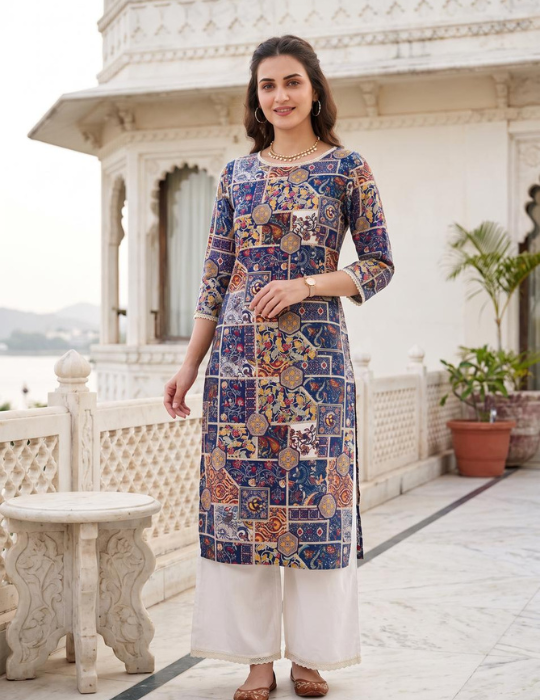 Blue Rayon Foil Print Straight Kurti Set with Lace Detail