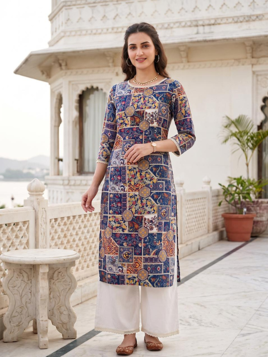 Blue Rayon Foil Print Straight Kurti Set with Lace Detail