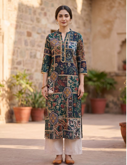 Green Rayon Foil Print Straight Kurti Set with Lace Detail