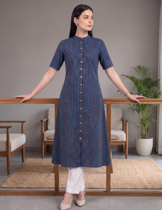 Navy Blue Cotton Kantha Kurti